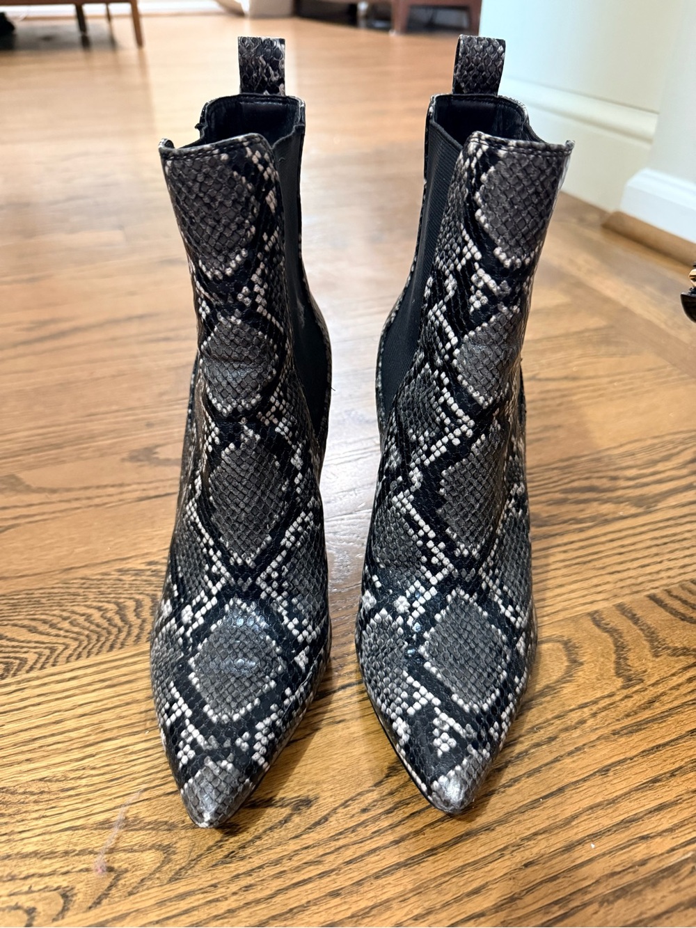 Steve Madden Black and Gray Snake-Print Pointed Chelsea Boots